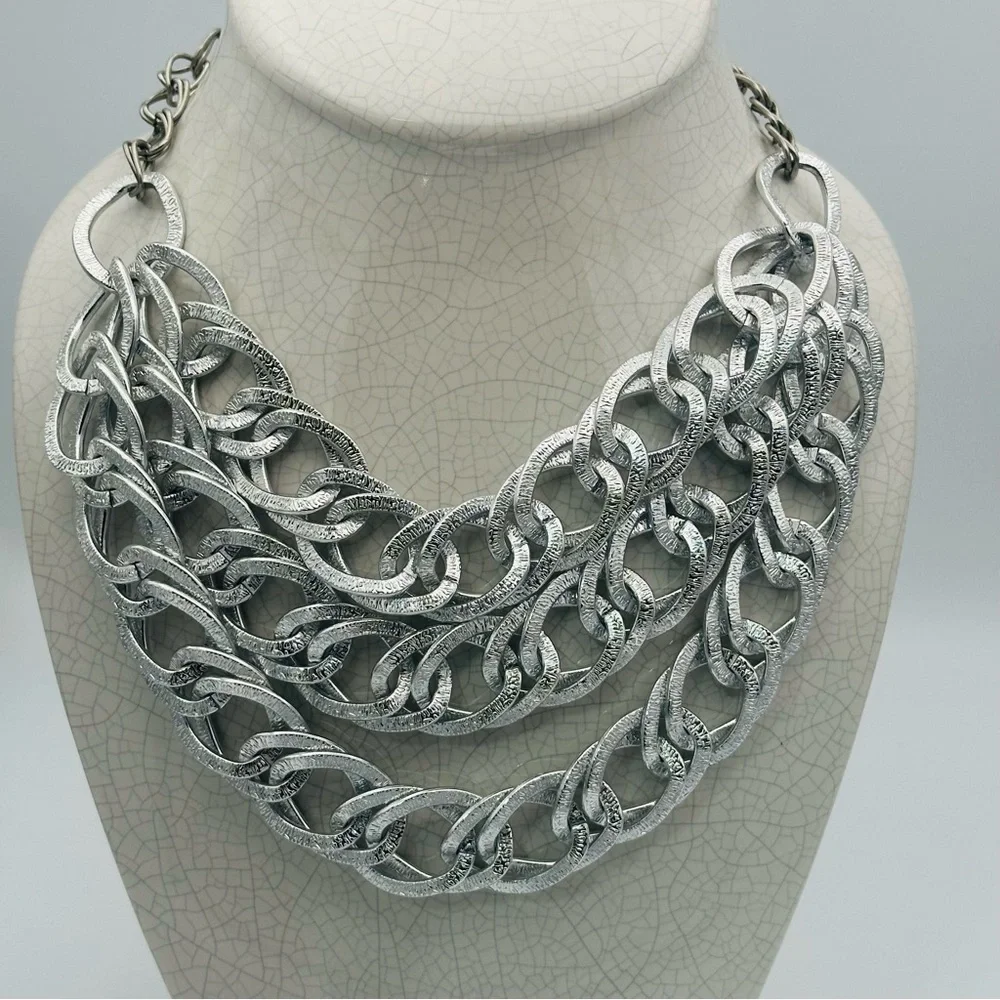 Silver Multi-Row Chain Link Chunky Statement Necklace - Picture 6 of 10